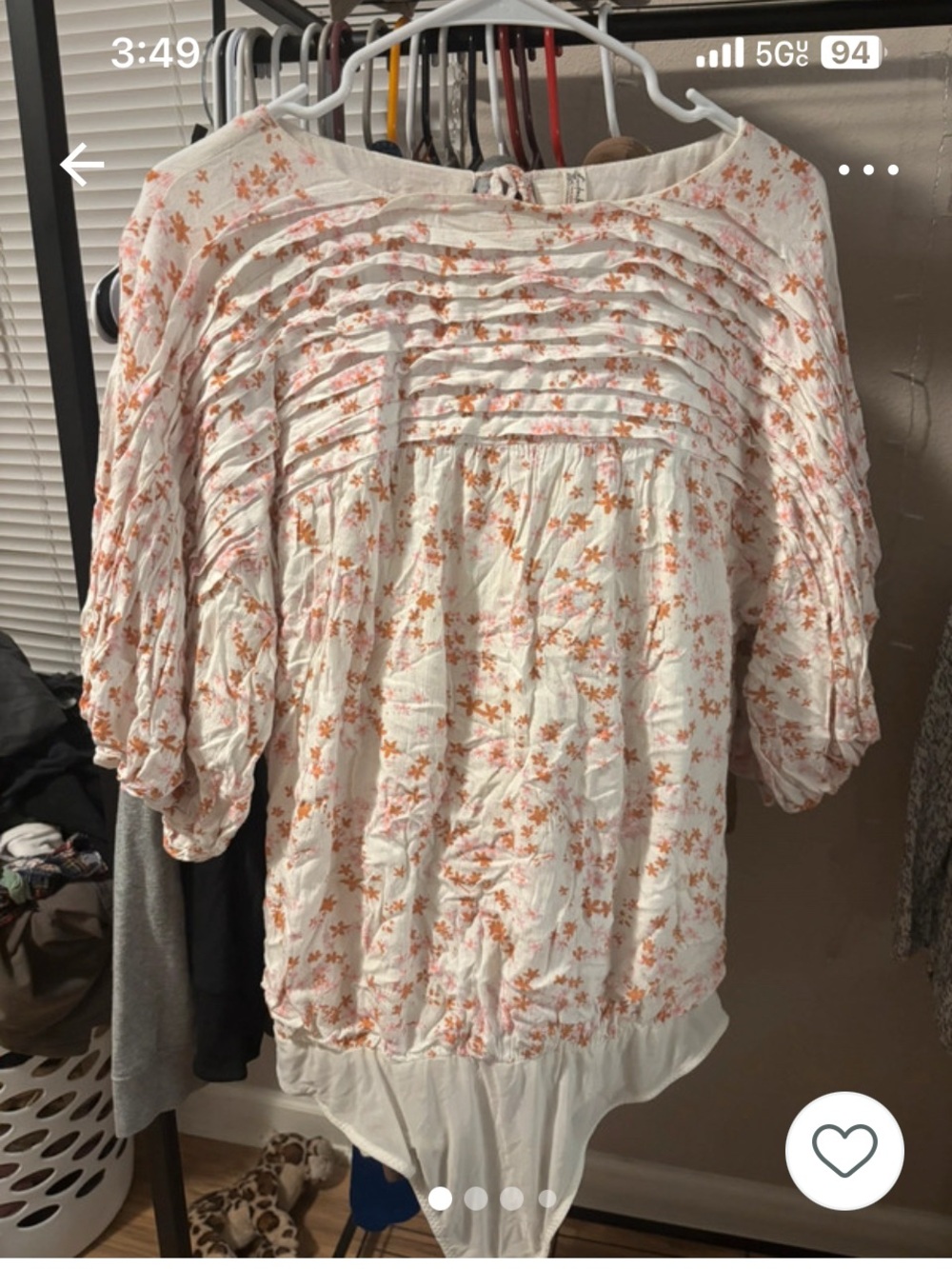 Free People Cream Floral Pintuck Bodysuit with Orange Accents